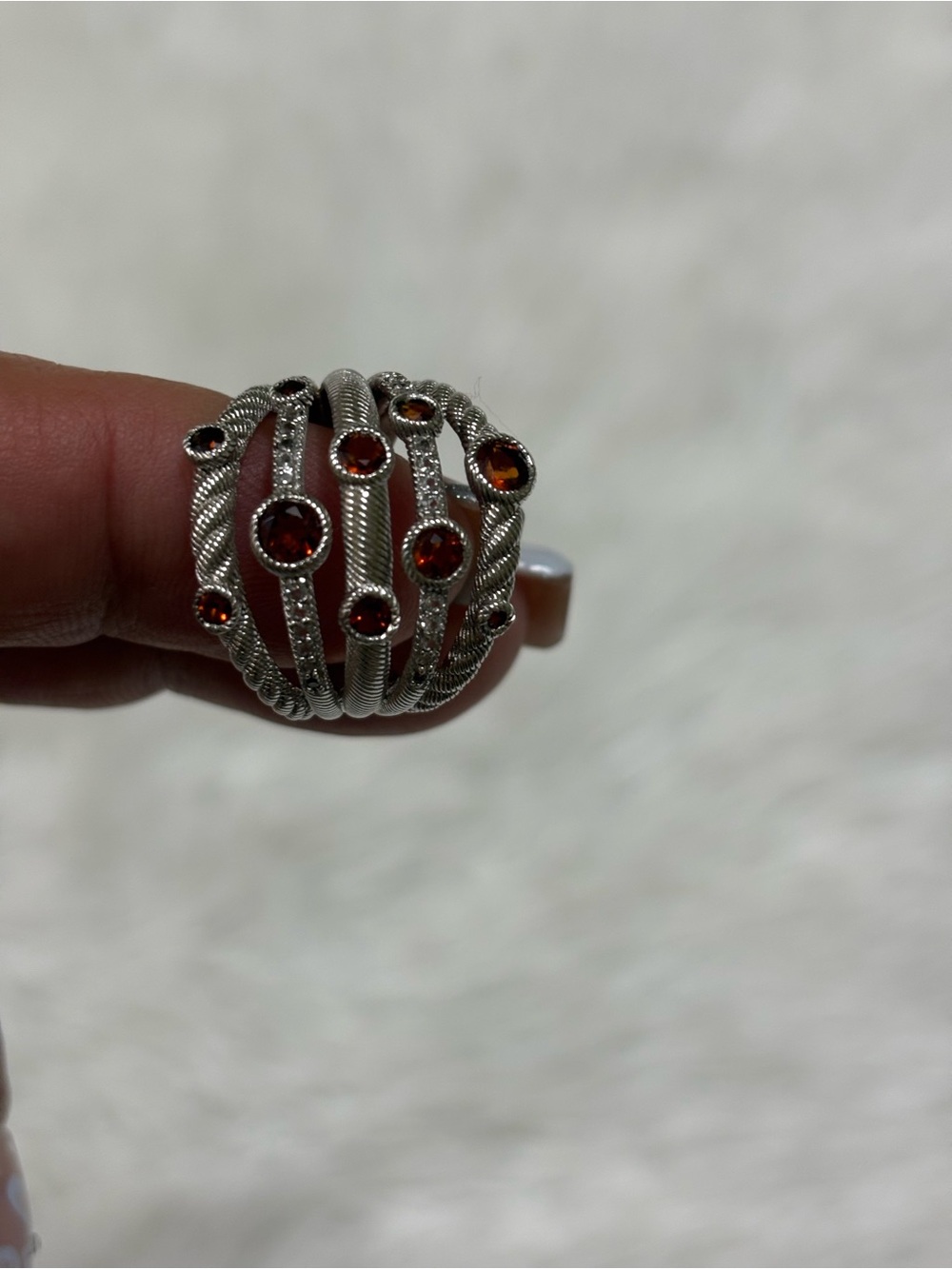 Judith Ripka Silver Multi-Band Ring with Deep Red Stones